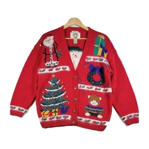 Vtg Christopher & Banks Ugly Sweater Womens Lrg Red Christmas Cardigan 90s
